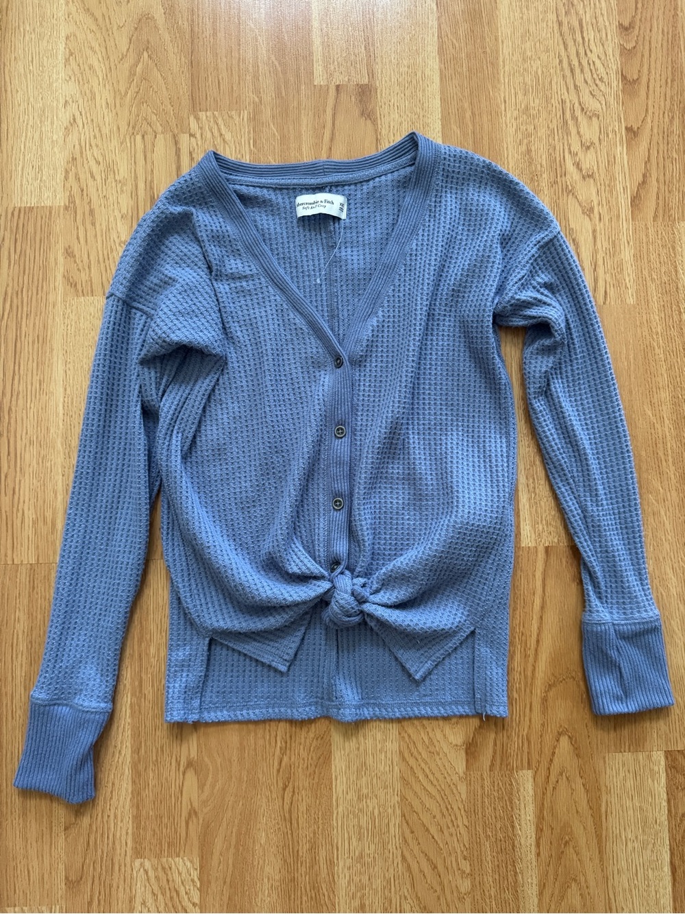 NWOT Abercrombie & Fitch V-Neck Cozy Waffle Knit Tie-Front Cardigan Blue-xxs
